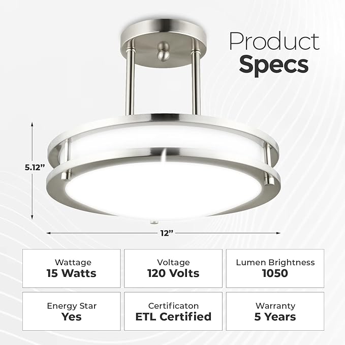 Diodesy- 12 Inch Semi Flush Mount Ceiling Light Fixture with Double Band Trim Brushed Nickel 15W 1050 Lumen 30K/40K/50K CCT Selectable Dimmable- Modern Close to Ceiling for Living Room Bedroom Kitchen