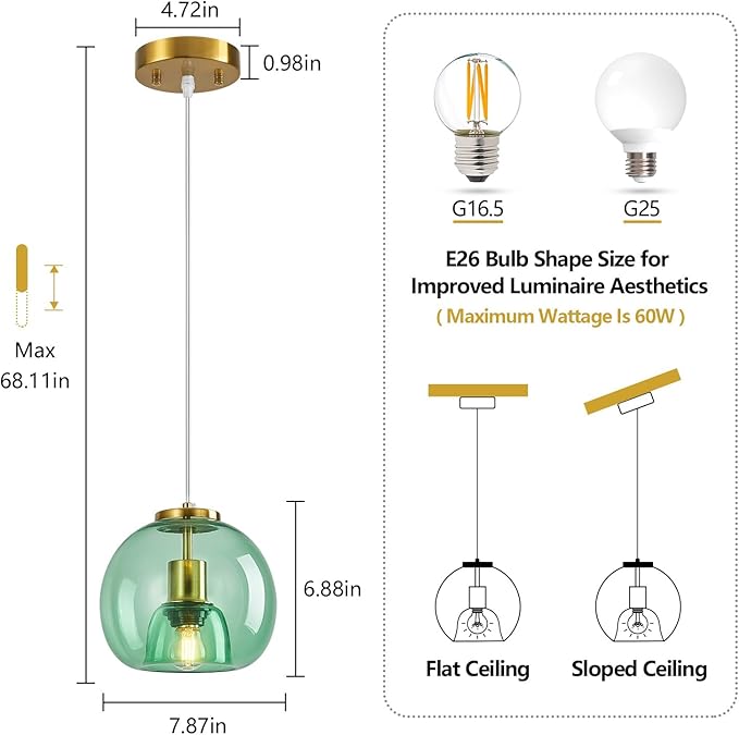 Light Green Glass Pendant Lights Kitchen Island Gold Hanging Light Fixture Glass Globe Pendant Light Modern Pendant Lighting for Kitchen Island Bedroom Dining Room (7.87", 3 Pack)