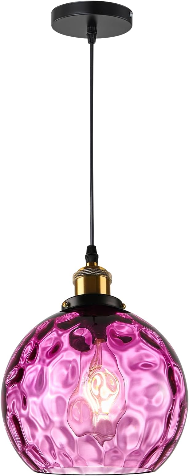 Modern Hammered Pendant Light Purple Glass Hanging Pendant Light 7.8" Globe Pendant Light Fixture Black Farmhouse Kitchen Lighting Over Island Sink Dining Room Table