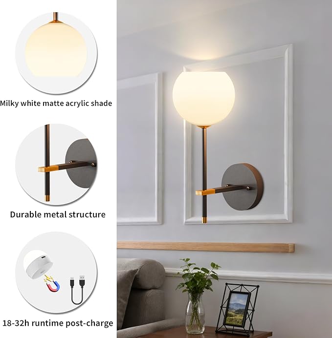 Black and Gold Battery Operated Wall Sconces Set of 2, Wireless Rechargeable Wall Light Fixtures for Home Decor, 12 RGB and 3CCT Dimmable Wall Lamps with Remote for Bedroom Living Room Hallway