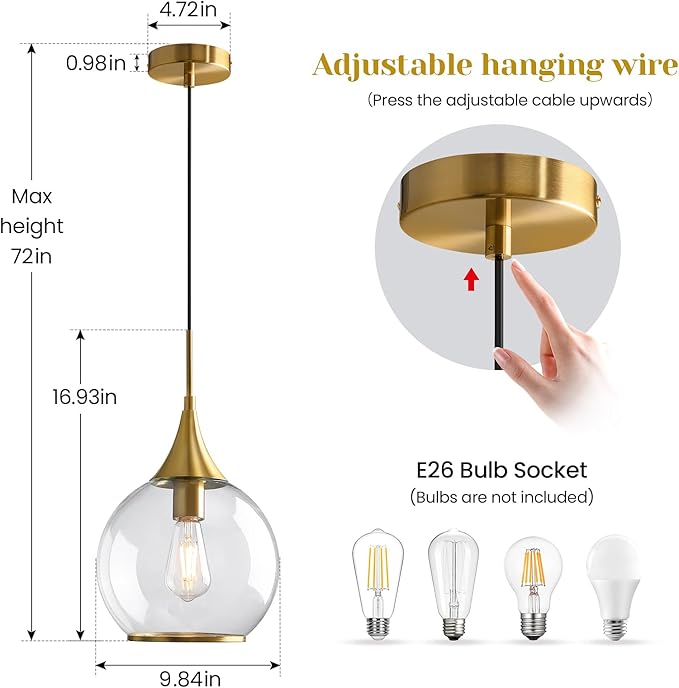 Pendant Lights Kitchen Island: Brushed Gold Light Fixture Farmhouse with Clear Glass - 10 Inch Mid Century Globe Kitchen Lighting Fixtures Ceiling for Dining Room