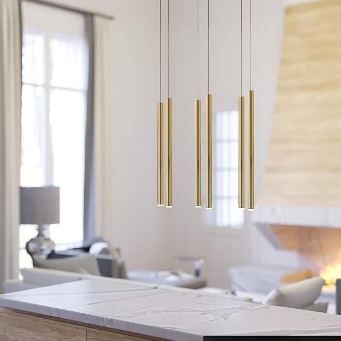 CANALIS 6 Mini Pendant Lighting Brass - LED Hanging Light Fixture for Kitchen Island, Bar, Foyer - Cluster Pendants - Dimmable, Adjustable Wire, Lamp Bulb Included