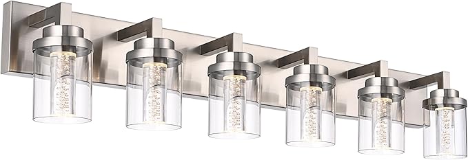 MELUCEE 6-Light LED Bathroom Light Fixtures, Modern Brushed Nickel Bubble Crystal Vanity Lights with Clear Glass Shade, Dimmable 5CCT Wall Sconce Lamp for Bathroom Restroom, Built-in Led Chips