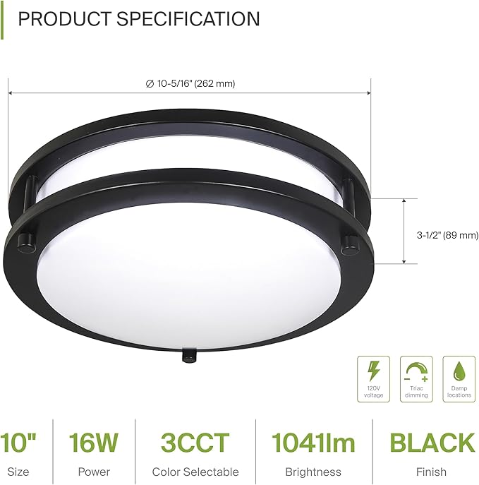 ASD LED 10" Round Flush Mount Lighting, Close to Ceiling Light Fixture | 3CCT, Dimmable, Energy Star, ETL Listed | 16W 1041LM 3000K-5000K 120V | Low Profile Double Ring Lamp | Black, 4 Pack