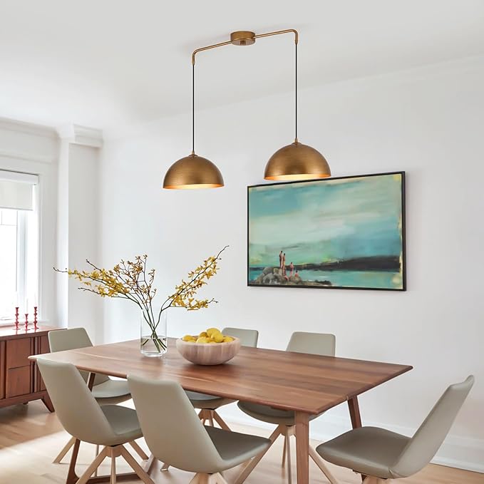 2-Light Pendant Lights Kitchen Island, Gold Metal Dome Shade Pendant Light, Kitchen Pendant Lighting Over Island, Adjustable Height Hanging Light Fixture for Farmhouse Dining Room Kitchen Cafe