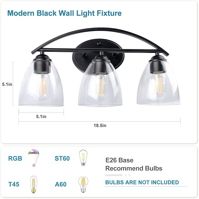 Lightdot Vanity Lights, 3 Light Bathroom Light Fixtures, Modern Vanity Light with Clear Glass Shade for Bathroom, White Bathroom Wall Lamp for Mirror Bedroom Living Room Kitchen Hallway Cabinet Porch