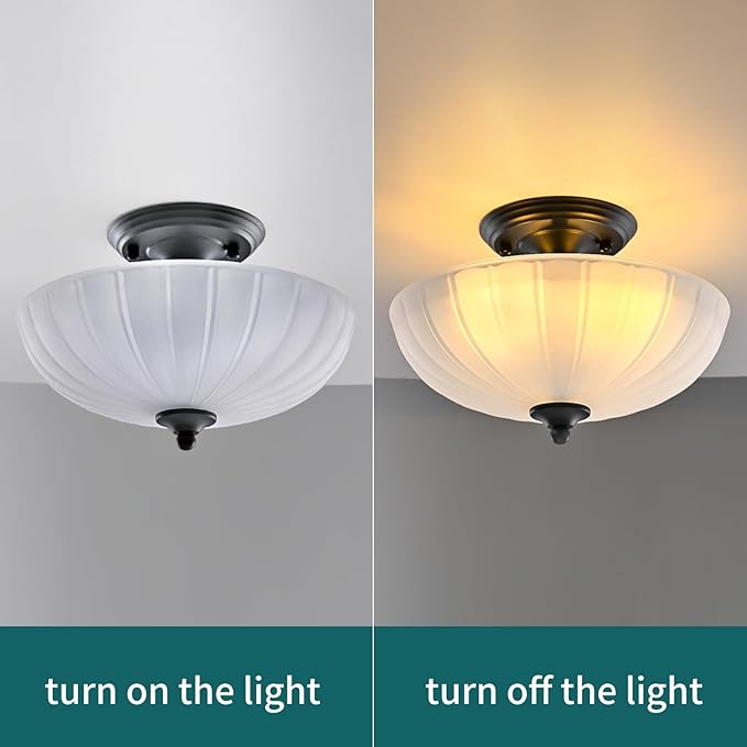 Frosted Glass Ceiling Light Fixture - Semi Flush Mount with 3 E26 Bulb Sockets, Soft Diffused Lighting/Anti-Glare Shade Lighting for Living Room Dining Room Hallway, Vintage Indoor Chandelier