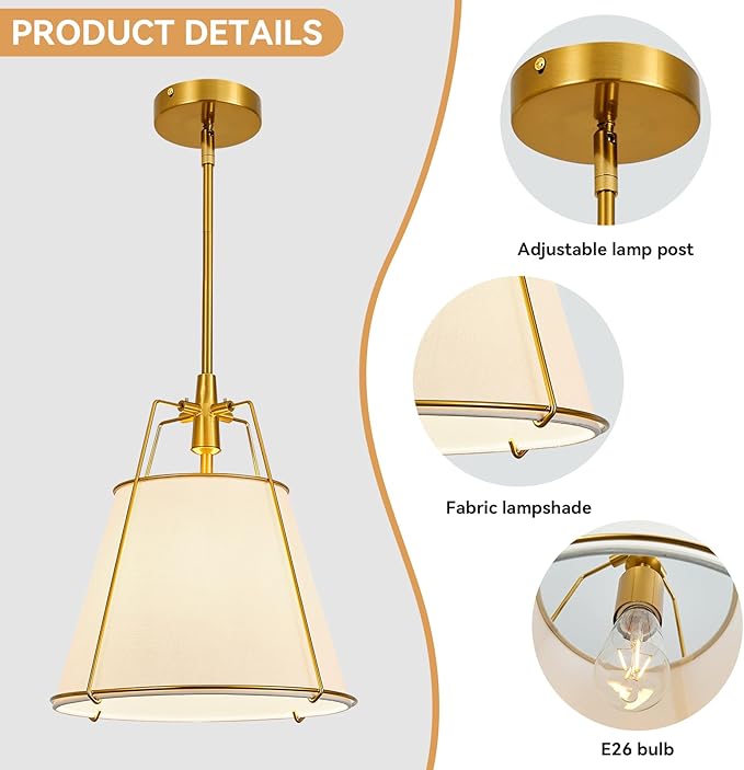Modern Pendant Light Fixtures with 13" Off-White Linen Fabric Shade, Adjustable Hanging Light Fixture,Drum Gold Vintage Chandelier for Kitchen Island Bedroom Dining Room Foyer Entryway