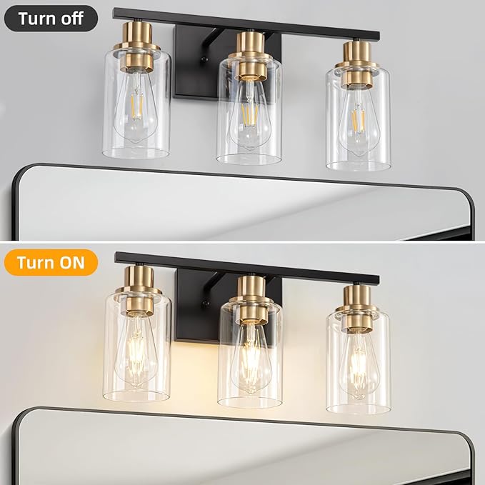 Bathroom Light Fixture Black Gold Vanity Lights Over Mirror, 3 Light Wall Sconces Lighting with Clear Glass Shades, Modern Wall Lights Wall Lamp for Mirror, Hallway Kitchen Bedroom Cabinet