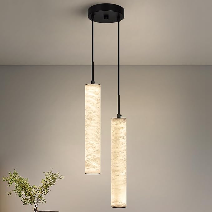 LMQNINE Natural Alabaster Pendant Lights for Kitchen Island White Marble Long Tube Chandelier 4000K Modern Black Ceiling Light Fixtures for Bedroom Dining Room Table Living Room Hallway(M-2Light)