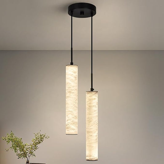 LMQNINE Natural Alabaster Pendant Lights for Kitchen Island White Marble Long Tube Chandelier 4000K Modern Black Ceiling Light Fixtures for Bedroom Dining Room Table Living Room Hallway(M-2Light)