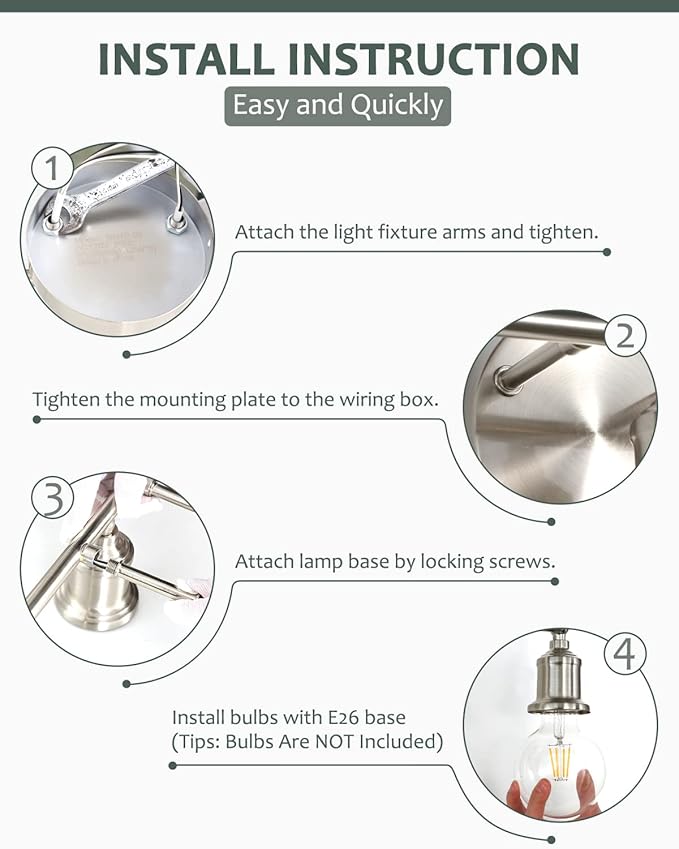 3-Light Vanity Light Fixture, Modern Brushed Nickel Wall Sconce Light Fixture, Farmhouse Silver Bathroom Wall Lighting for Over Mirror, E26 Base Wall Lamp for Bedroom (Bulb Not Included)