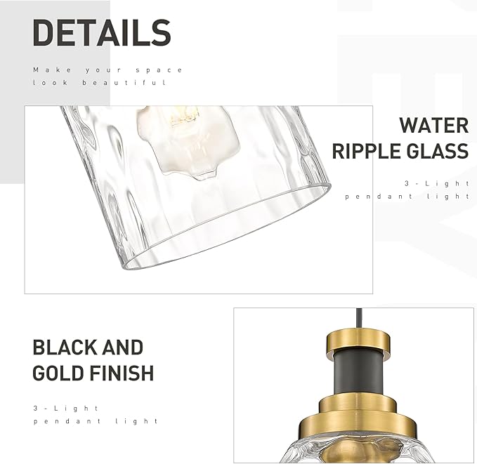 zeyu Adjustable Modern Cluster Pendant Light for Kitchen Island, 3-Light Pendant Lighting, Black and Gold Finish with Water Ripple Glass Shade, ZG33-3 BK+BG-WG