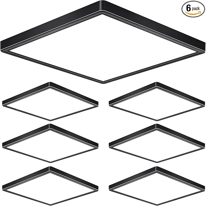 12 Inch 24W LED Flush Mount Ceiling Light Fixtures, 3000K/4000K/6000K Adjustable LED Ceiling Light, 2800LM Bright Flat Square Ceiling Light Fixture for Bedroom, Kitchen, Hallway (Black-6 Pack)