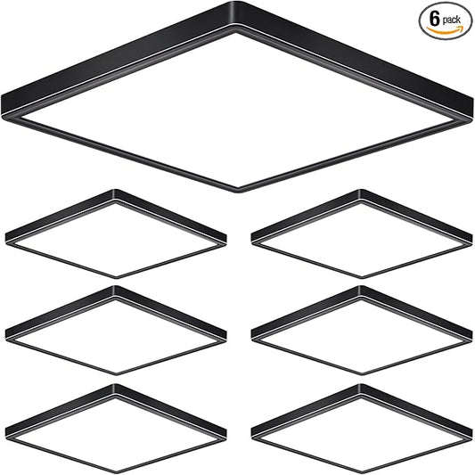 12 Inch 24W LED Flush Mount Ceiling Light Fixtures, 3000K/4000K/6000K Adjustable LED Ceiling Light, 2800LM Bright Flat Square Ceiling Light Fixture for Bedroom, Kitchen, Hallway (Black-6 Pack)