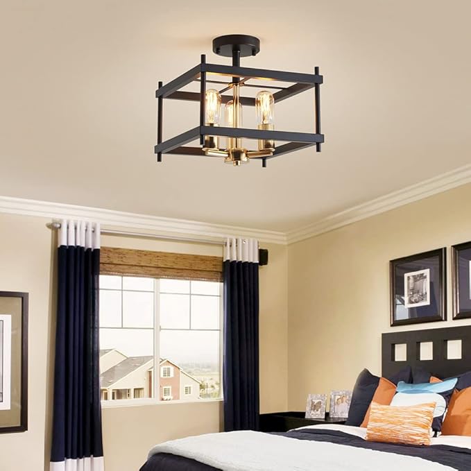 AGV LIGHTING CL011BB Farmhouse Semi Flush Mount Ceiling Light Fixture, Steel Square Ceiling Light, E26 Base 3-Lights, L12 x W12 x H9, Matte Black & Light Gold Finish
