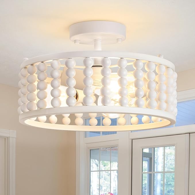 Luupyia White Beaded Boho Ceiling Light 3Lights, 12.79inches Wooden Bead Ceiling Light Fixture Mini Bohemian Chandelier Coastal Semi Flush Mount Overhead Lighting for Bedroom Hallway, E26