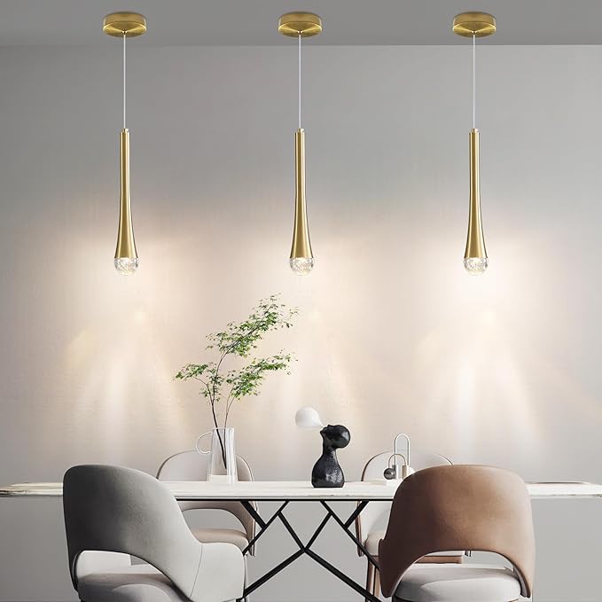3 Pack Modern Gold LED Pendant Light, Kitchen Island Ceiling Hanging Lights, Teardrop Bubble Crystal, 3 Color 2700K/4500K/6500K, Bedside Small Chandeliers Lamps for Bar, Dining Room, Hallway, Foyer
