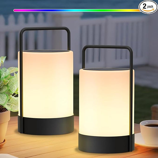 uuffoo 2 Pack Solar Lantern LED Outdoor Table Lamp Cordless Metal Frame IP44 Weather Resistant RGB and Warm White 7-15H Battery Life for Indoor Outdoor Patio Camping Restaurant Terrace By the Pool