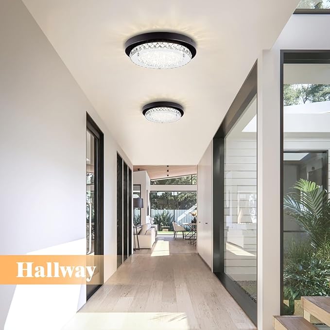 Crystal Flush Mount Ceiling Light Fixture 13 Inch LED Bathroom Ceiling Light Dimmable Black Hallway Light Fixture Round Close to Ceiling Light Small Crystal Chandeliers for Kitchen Launtry 4000K