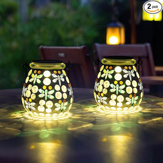 Stargarden 2 Pack Mosaic Solar Lanterns Outdoor Waterproof, Dragonfly Hanging Lantern Decorative Glass Solar Lights for Yard, Patio, Lawn, Gaden Decor