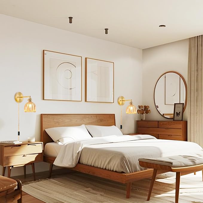 Plug in Wall Sconces Set of 2, Vintage Wall Sconce Light with Tulip Amber Glass Lampshade, Bedroom Wall Sconce with Switch and Plug in wall lamp Cord, Gold Wall Light Wall Decor Set of 2