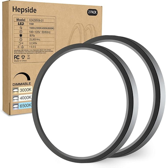 hepside 2Pack Dimmable Flush Mount Ceiling Light Fixture Black, 3CCT Selectable 3000/4000/6500K Ceiling Lamp, 7.5INCH 15W 1500LM Low Profile Light for Bedroom, Kitchen, Bathroom, Hallway