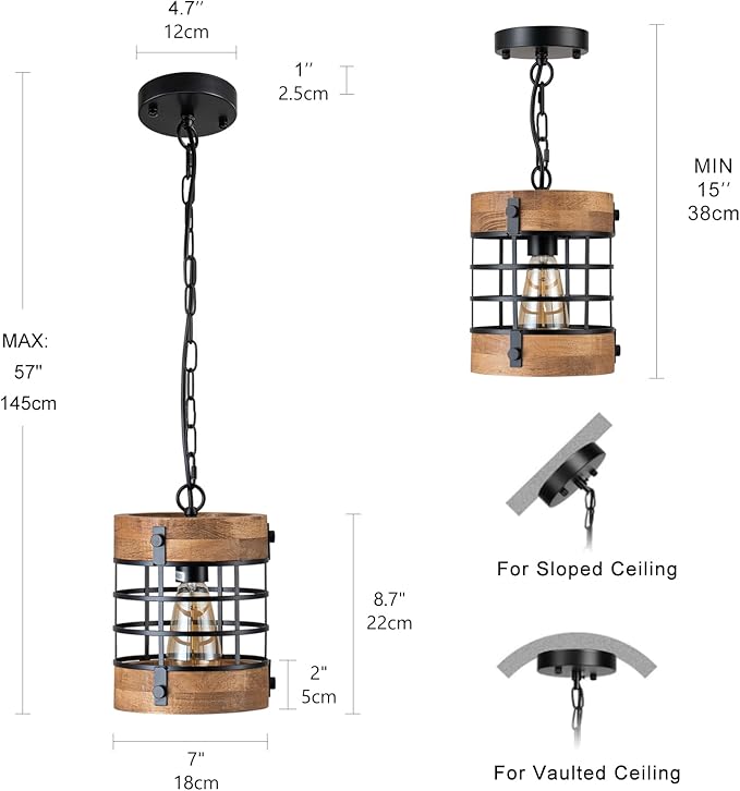 Wood Pendant Light Fixtures, Rustic Farmhouse Chandelier, Dining Room Light Fixture for Kitchen Island Foyer Hallway Bar, Height Adjustable