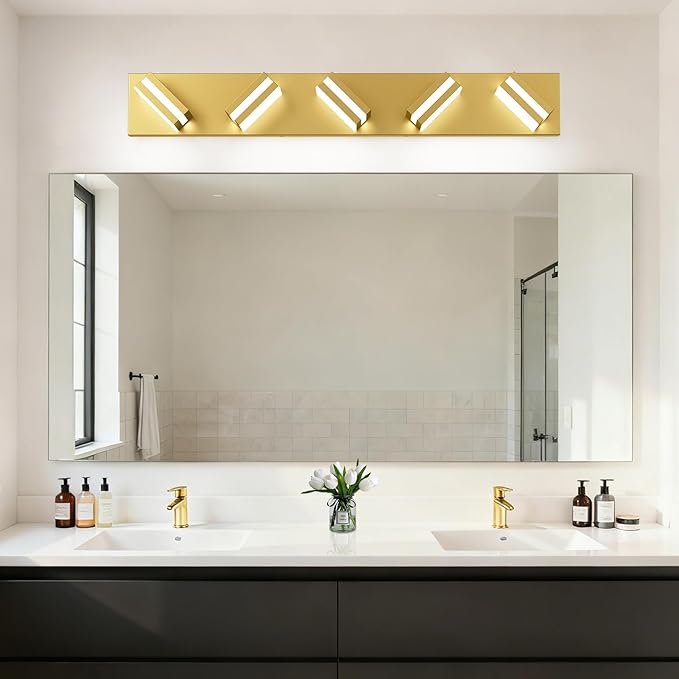 IZORRO LED Modern Bathroom Lights Fixtures(5-Light,Dimmable,360°Rotate),Brushed Glod Acrylic Wall Lighting,Vanity Lights for Bathroom Over Mirror - 6000k 30In （No Assembly Required）