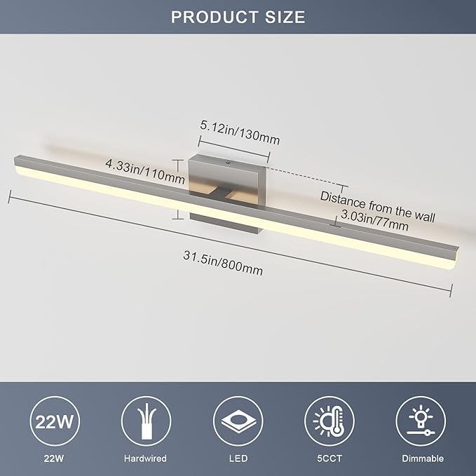 LED Modern Bathroom Light Fixtures 22W Brushed Nickel Vanity Lights Bar 5CCT Dimmable ixture Over Mirror Vanity Light for Bathroom Lighting 31.5 inch ETL Certificated