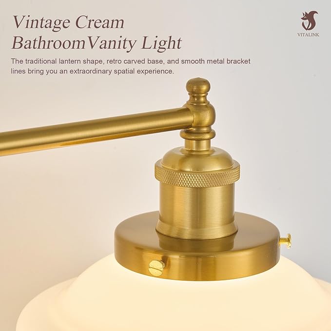 VitaLink 29.5" Bathroom Vanity Light, 3-Light Vintage Golden Bathroom Wall Light Fixtures Hardwired Milk White Glass Wall Sconces for Bedroom Living Room Hallways