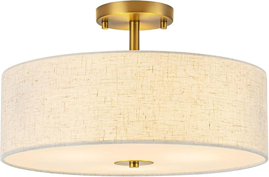 Bargeni Semi Flush Mount Ceiling Light Fixture,16 inch Drum Flush Mount Ceiling Light, Modern Light Fixtures Ceiling Mount with Matte Brass Finish, Semi Flush Ceiling Light for Bedroom,Dining Room