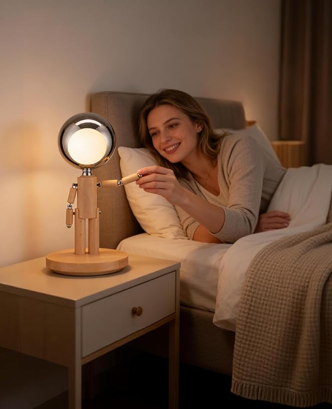 Rechargeable Cordless Desk Lamp, Creative Wooden Table Lamp with 3 Color &Stepless Dimming, Adjustable Pause Moon Lamp, Unique Decorative Desk Lamp for Bedroom, Nightstand, Office & Gift, Beech Wood