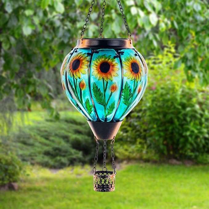 Starsoul Sunflower Hot Air Balloon Solar Lantern Glass Outdoor Hot Air Balloon Solar Flickering Flame Light Hanging Solar Lanterns Outdoor Waterproof Garden Patio Yard Party Decor