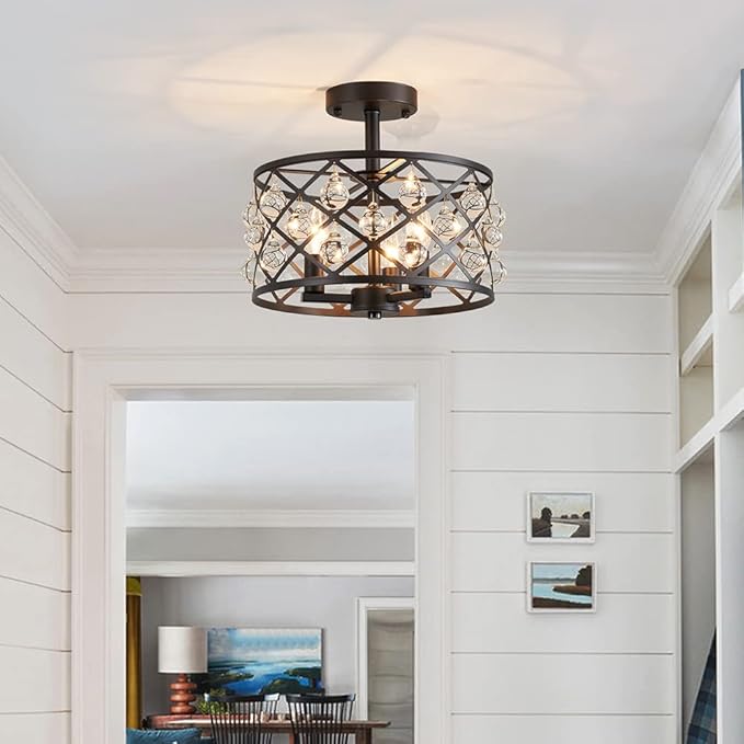 AGV LIGHTING CH013 Farmhouse Semi Flush Mount Ceiling Light Fixture, E12 Base 3-Lights, D13 x H12, Matte Black Finish