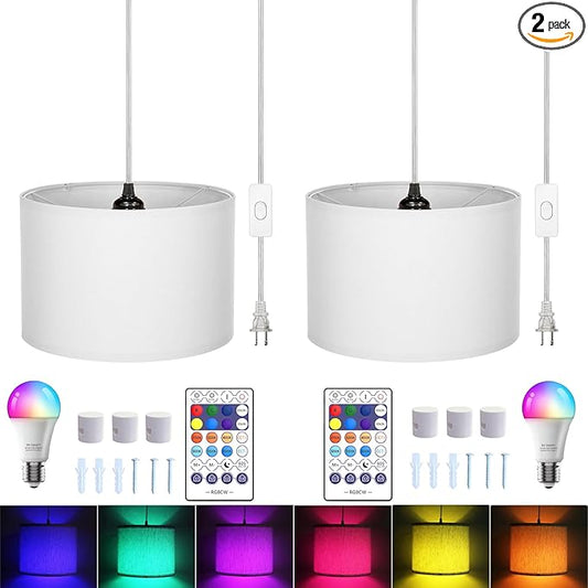 ZSLAIFU 15FT Plug in Pendant Light with Switch,Hanging Lamp with Plug in Cord, Hanging Light Pendant Lamp with Remote Control，Pendant Light Fixture for Living Room Bedroom Farmhouse (White x2)