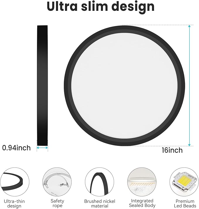 libtit 2-Pack 16" Black LED Ceiling Lights, 36W 3600lm, 3 Color Temps 3000K/4000K/6500K, Large Flush Mount Fixture for Kitchen, Hallway, Bedroom, Living Room, 120V ETL Listed