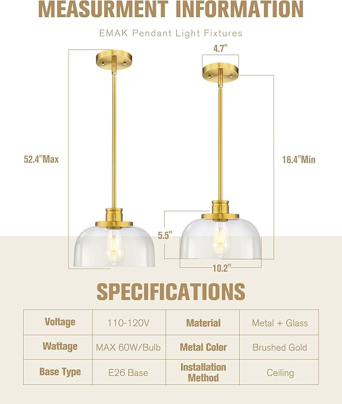 Emak 10 Inch Pendant Lights Kitchen Island, Brushed Gold Pendant Light Fixtures with Clear Glass Shade, Modern Island Lights for Kitchen, Dining Room, Bathroom, PL131-BGD-CG