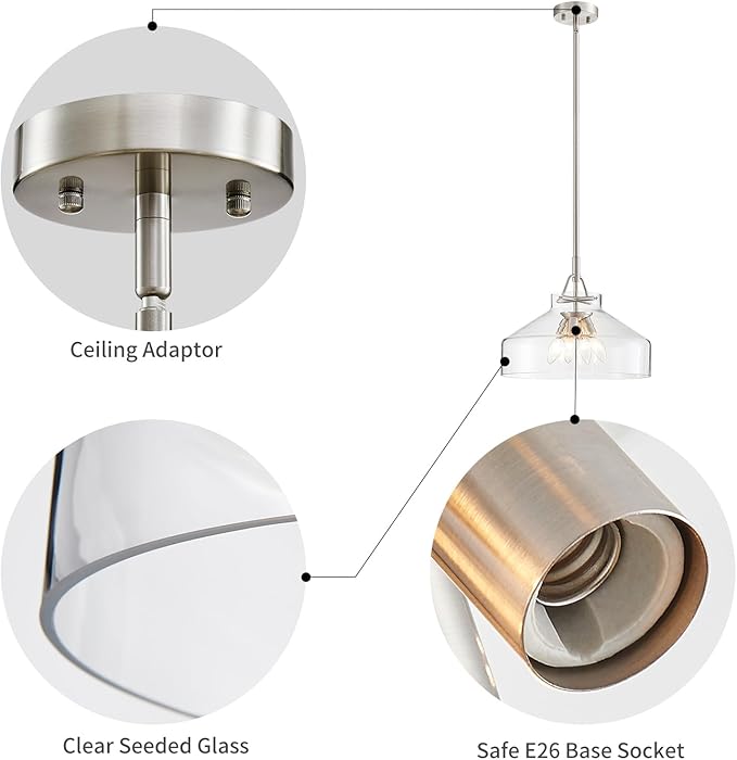 WUZUPS Chandelier Rustic Farmhouse Industrial Round Ceiling Pendant LED Light Fixture with Clear Glass Shades for Dining Room Kitchen Island Foyer Entryway, H 11.8" W 15", E26 Base, Gold