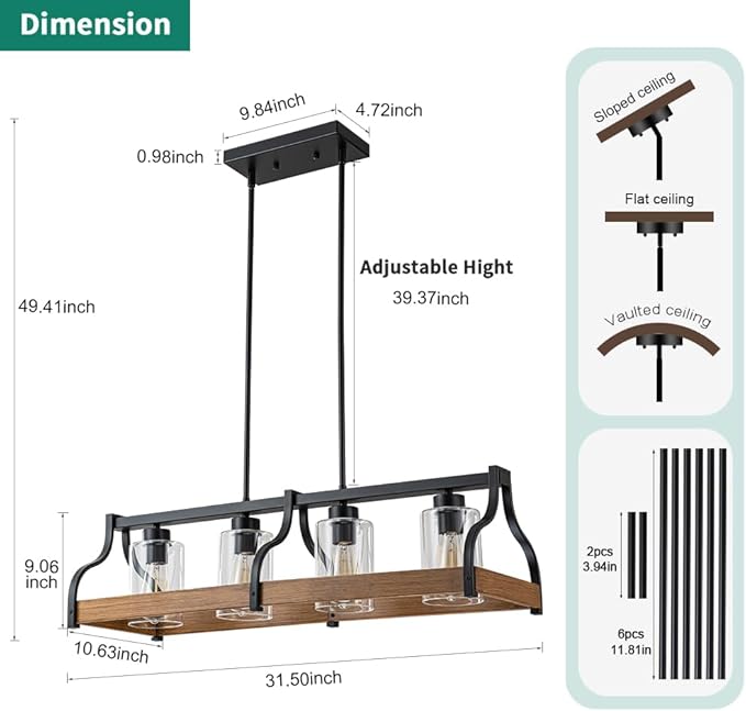 31.5" Farmhouse Chandeliers for Dining Room, 4-Light Kitchen Island Lights for Kitchen with Hand-blown Glass Shade, Faux Wood Black Kitchen Island Lighting Rustic Dining Room Light Fixtures over Table