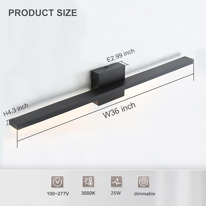 Bathroom Light Fixtures Over Mirror, 36 Inch Black Bathroom Vanity Light, LED Modern Wall Sconce 3000K Bar Vanity Lights for Restroom