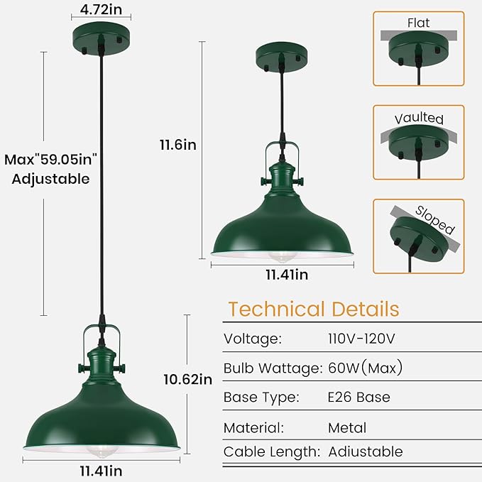 Green Pendant Light, 11.4" Farmhouse Pendant Lights Kitchen Island, Industrial Pendant Lights for Kitchen Island, Dining Room, Cafe, 3 Pack