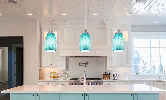 karyfine Mini Art Glass Pendant Lights Kitchen Island,Handcrafted Teal with Gold Glass Ceiling Pendant Lighting Brushed Nickel Adjustable Cord Hanging Lamp Cover for Coffe Bar,Dining Room 3pack