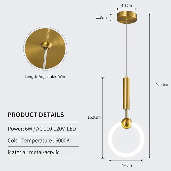 Modern LED Pendant Light Fixtures, Simplicity Gold Pendant Lighting,Circular Hanging Chandelier for Kitchen Island Dining Room Bedroom Entryway Hallway(Gold 1-Pack)