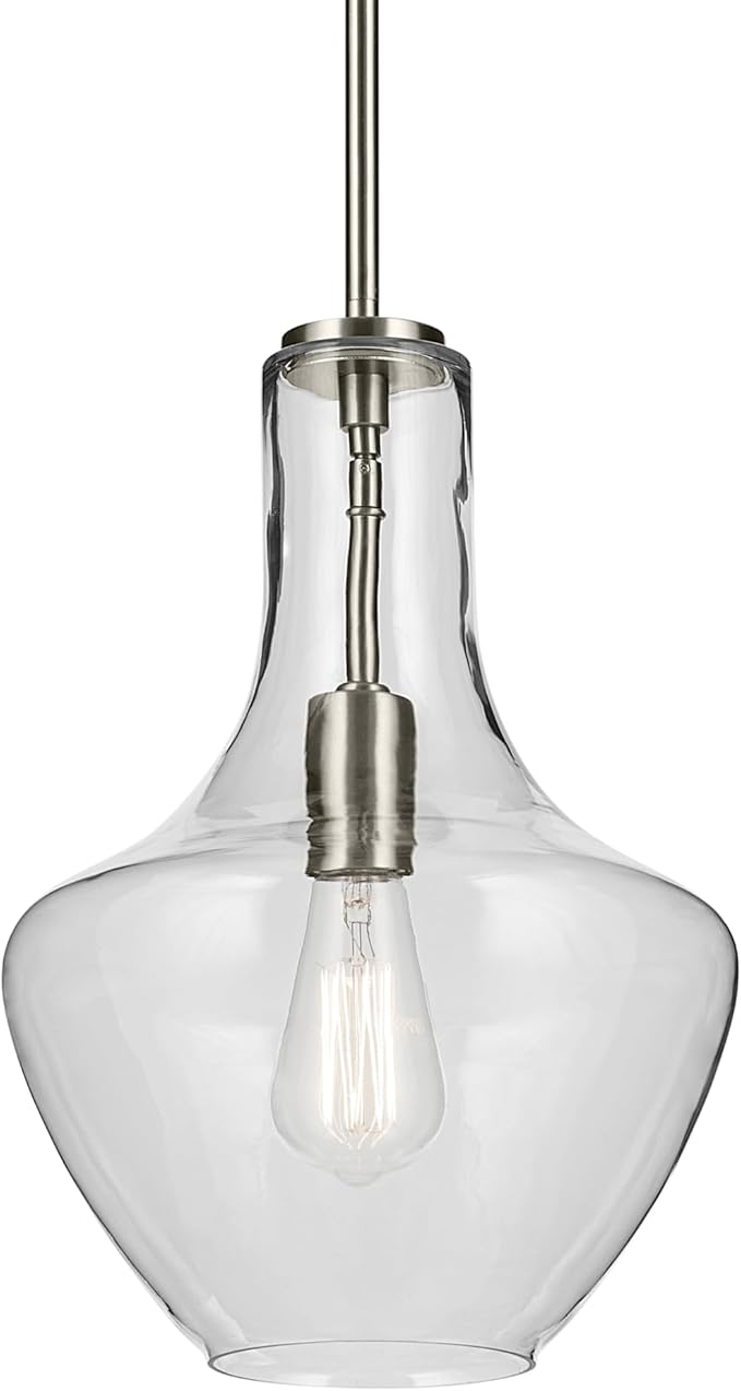 Everly 15.25" 1-Light Bell Pendant with Clear Glass in Brushed Nickel, for a Kitchen Island, Dining Nook, or Home Bar, (15.25" x 10.5") 42141NI