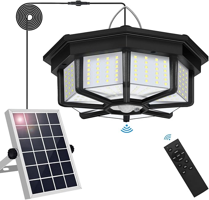Solar Shed Light Indoor Outdoor, Aqonsie 288LED Solar Powered Motion Sensor Pendant Light Daytime Available, Solar Indoor Lights with 5 Lighting Modes & Remote for Shed Gazebo Barn Garage Home