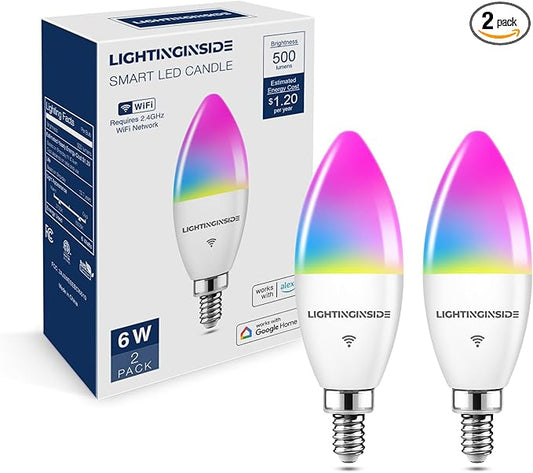 Lightinginside E12 Smart Light Bulbs 60W Equiv., Work with Alexa/Google Home/SmartLife, 500LM 6W RGBCW Candle Candelabra LED Light Bulbs, No Hub Required, 2.4G WiFi Bluetooth Bulb, ETL Listed, 2PCS