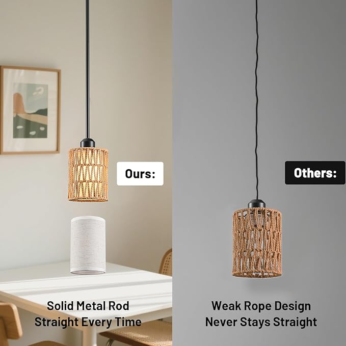 Rattan Pendant Light, 6 Inch 2-in-1 Boho Hanging Fixture with Iron Rods & Linen Shade, Adjustable Height & Sloped Ceiling Compatible for Kitchen Island Dining Room Farmhouse Bedroom, 2 Pack