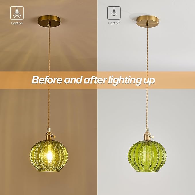 Green Glass Pendant Light Vintage Large Gold Globe Fixtures Mid Century Modern Pendant Lights Hanging Light Fixture Suitable for Kitchen Island Dining Room Foyer Above Sink Bathroom Bedroom