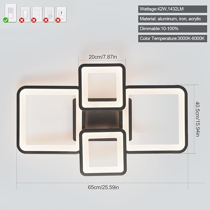 Modern Ceiling Lights 24" 42W, Dimmable Kitchen Lighting Fixtures Ceiling, 3000-6500K Light Fixture Ceiling Mount with Remote Control, Black Square LED Ceiling Light for Bedroom